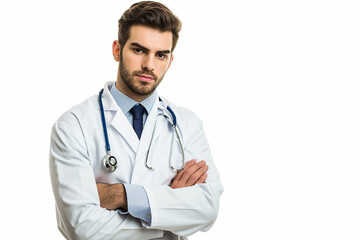 Fototapeta premium portrait of happy young male doctor arm crossed on white isolated background