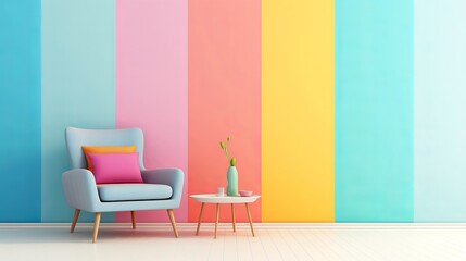 Pastel multi colour vibrant groovy retro striped background wall frame with bright armchair decor