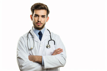 Fototapeta premium portrait of happy young male doctor arm crossed on white isolated background