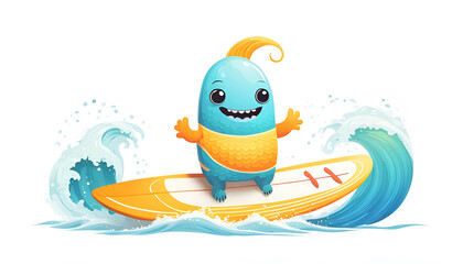 Happy little surfboard creature isolated on white with copy space