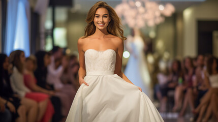 Naklejka premium Wedding Model. Female models walk the runway in beautiful stylish white wedding dresses during a Fashion Show
