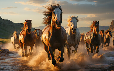 Wild Horse Herd Galloping Through the Rugged Wilderness - obrazy, fototapety, plakaty