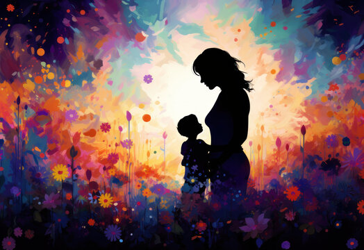silhouette of a mother and child with floral background, Mother's day banner 