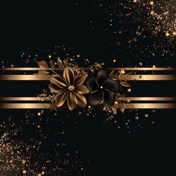  a black and gold background with a flower and a strip of gold confetti on a black and gold background with a strip of confetti and gold confetti.