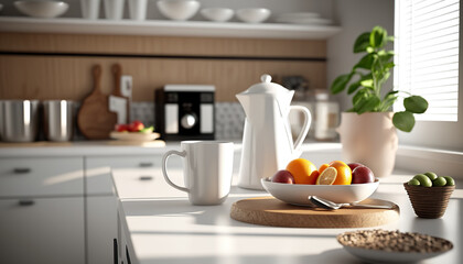 Fototapeta na wymiar Breakfast time in spacious modern kitchen with healthy food. Cozy indoor interior background.