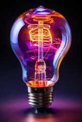PHOTOGRAPH OF LIGHT BULB WITH DARK BACKGROUND AND ORANGE COLORS