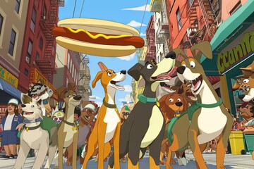 The Great Hot Dog Caper: A ragtag group of city-savvy dogs pull off the heist of the century: stealing the world's largest hot dog from the annual Coney Island Festival - obrazy, fototapety, plakaty