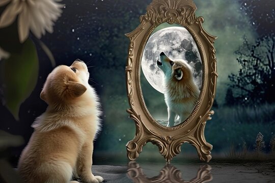 a little dog puppy standing in front of a mirror, what you see inside the mirror is a giant wolf howling to the Moon