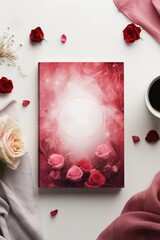 Romance book cover in pink color on white bed sheets with rose petals, blank template mock-up