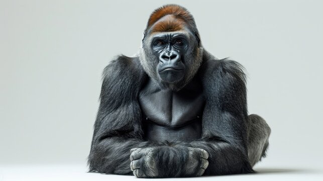  A Gorilla Sitting On The Ground With His Legs Crossed And His Head Turned To The Side, With His Hands Folded In Front Of His Chest, With A White Background.