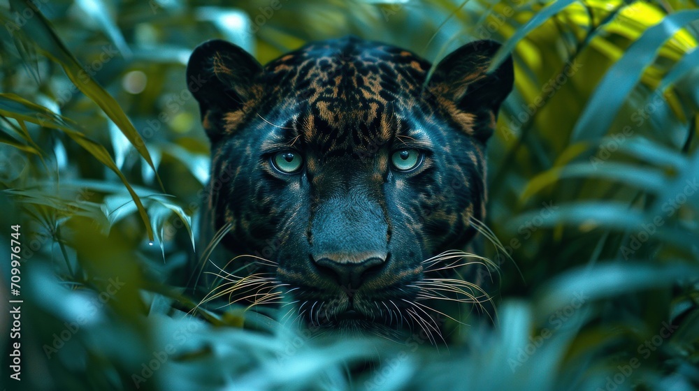 Poster  a close - up of a leopard's face in the jungle surrounded by tall green grass and plants, with a blurry background of blue sky and green leaves.