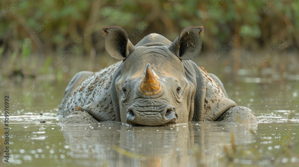 Poster  a close up of a rhino laying in a body of water with it's head above the water's surface, with trees and bushes in the background.