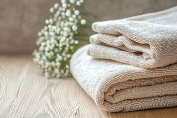 Fototapeta na wymiar stack of fresh towels in the bathroom 