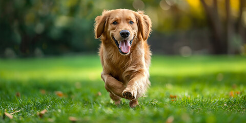 Happy cute golden retriever running smiling across green lawn - obrazy, fototapety, plakaty
