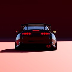 4K Square rear or back view angle a black metalic supercar with red color background isolated, JDM japan car or Japanese Domestic Market