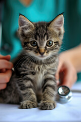 Cute young domestic cat examined by doctor