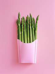 Creative green asparagus packed in a french fries pink paper box placed on a pink background. Minimal food concept. Pink and green combination.