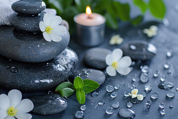 Fototapeta na wymiar spa stones and white flowers, health and beauty concept 