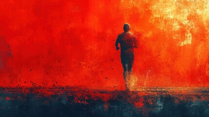  a painting of a man running in front of an orange and red background with a black outline on the left side of the image and a black outline on the right side of the image.