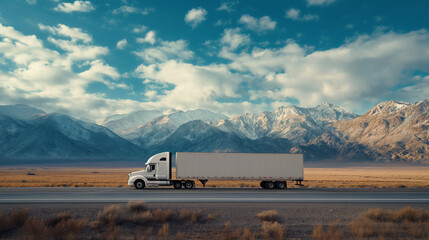 A white cargo truck with a white blank empty trailer for ad on a highway road in the united states. beautiful nature mountains and sky - obrazy, fototapety, plakaty
