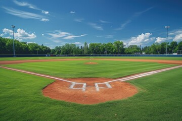Landscape with baseball field and trees in the background, sports and leisure concept. - obrazy, fototapety, plakaty