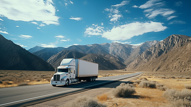 A white cargo truck with a white blank empty trailer for ad on a highway road in the united states. beautiful nature mountains and sky