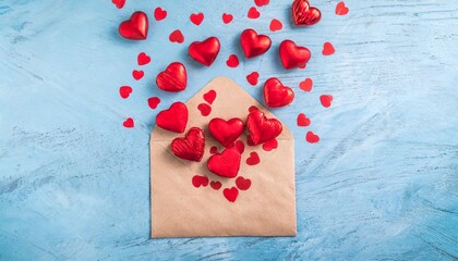 valentine day greeting concept envelope and red hearts on blue background top view flat lay