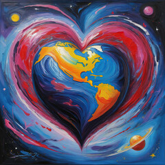 A red heart with planet earth in space, abstract art illustration.