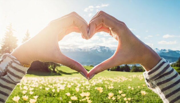 female hands do heart shapes on sunny nature background