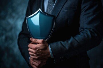 Businessman holding shield, corporate protection and security concept.