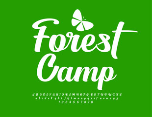 Naklejka premium Vector eco concept Forest Camp. with decorative Butterfly. Beautiful Calligraphic Font. Trendy White Alphabet Letters und Numbers.