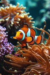 Landscape with clown fish on the bottom of the sea among corals, marine life concept.
