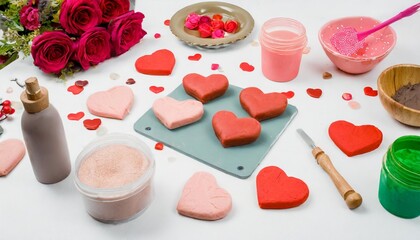 Obraz na płótnie Canvas valentines day play dough table layout before play angle shot