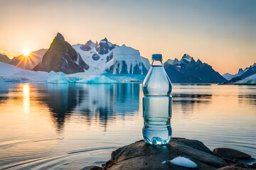 bottle of mineral water in a mountain lake landscape