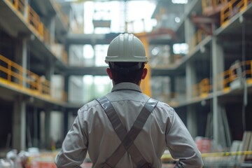 Engineer from the back with uniform and helmet, work in progress in the background, construction concept.