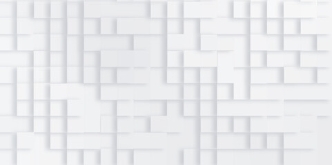 3d block style of white geometric pattern, seamless White vintage brick wall tiles design, technology concept white offset squares or cubes geometry,  white abstract cube backdrop with block pattern.