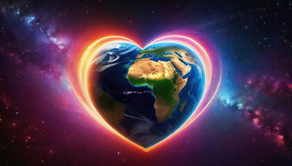 A red heart with planet earth in space, abstract art illustration.