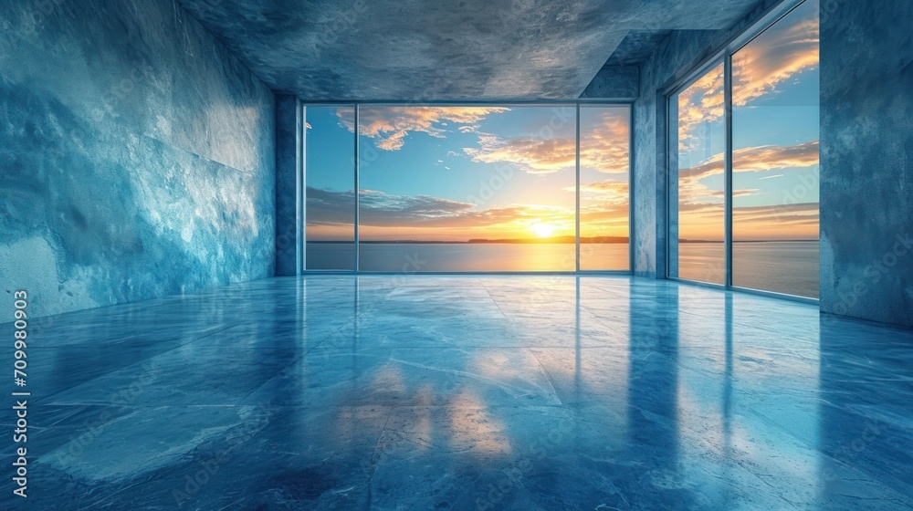 Poster a room with a large window and a view of the sun setting over a body of water in front of a large wi