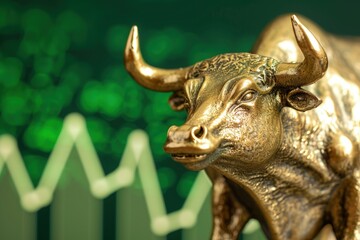 Fototapeta na wymiar Golden bull and graph on green background, concept of stock exchange, shares and funds.