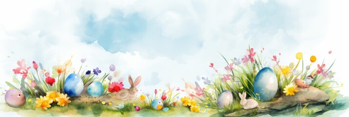 Watercolor illustration of easter theme with spring flowers plants and eggs , banner