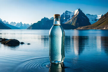 bottle of water in front of a mountain lake , mineral water advertising