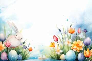 Fototapeta premium Watercolor illustration of easter theme with spring flowers plants, bunny and eggs 