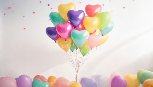 close up of heart sharp balloons flying in ther levitation rainbow palete white lighting pastel background