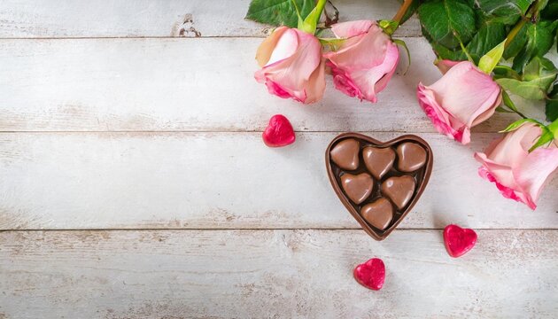 valentine s day banner with rose flowers and heart shape chocolate