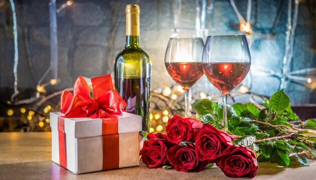 valentine gift with wine and roses