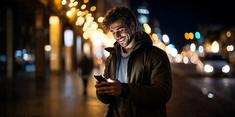 attractive beautiful young black or arab man using and texting on his smart phone mobile for service 5g digital communication and online social media city banner - obrazy, fototapety, plakaty