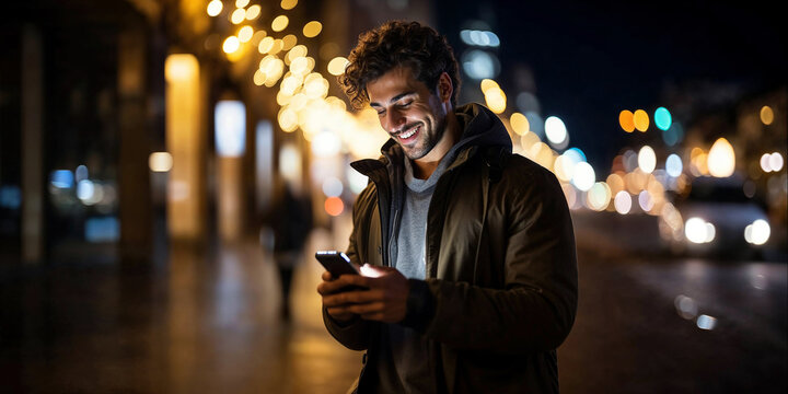Fototapeta attractive beautiful young black or arab man using and texting on his smart phone mobile for service 5g digital communication and online social media city banner