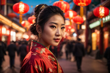 Obraz premium The audience in the energetic celebration of Chinese Lunar New Year in Chinatown. Enhance the festive aura with a defocused background
