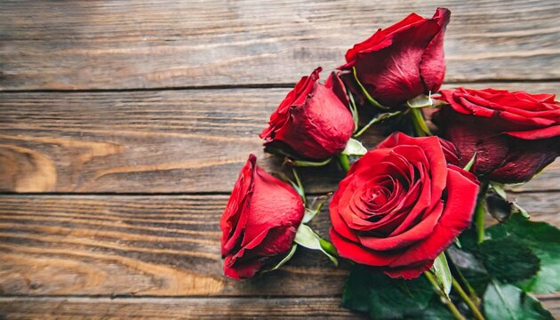 red rose flowers bouquet on wooden background valentine s day greeting card copy space top view image