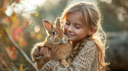 An endearing image of a girl sitting on a rustic porch, embracing a curious rabbit in her arms, as dappled sunlight enhances the cozy atmosphere, creating a timeless and picturesqu